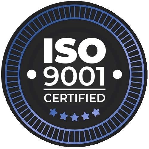Circular black and blue ISO 9001 certified badge with five stars, representing high-quality assurance for HVAC services including ventilation and air conditioning.