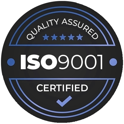 Quality assured ISO 9001 certified badge with five stars, emphasizing exceptional quality management for heating and cooling system services.