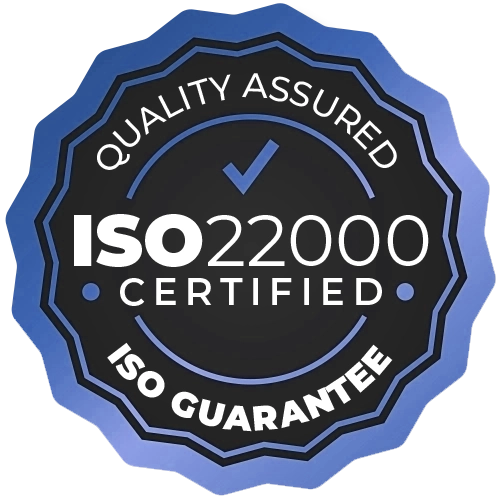 ISO 22000 quality assured certified badge with a blue checkmark, representing commitment to safety and quality in HVAC services for residential and commercial clients.