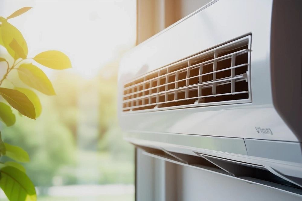 A modern air conditioning unit positioned near a window with natural sunlight and green plants, emphasizing energy-efficient cooling solutions offered through professional HVAC services.