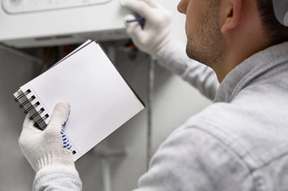 A service professional wearing gloves and inspecting a heating system with a notebook in hand, showcasing meticulous HVAC maintenance and inspection services.